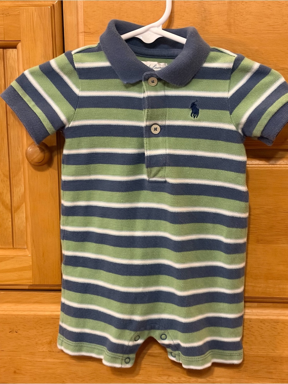 Ralph Lauren Boy's Cotton Polo Romper, Green, Blue & White Stripes Size 3 Months